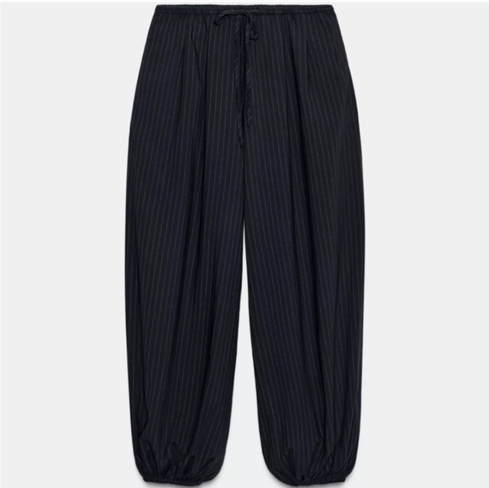 ZARA PINSTRIPE BALLOON PANTS BLUE NAVY - Picture 4 of 14